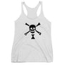 White racerback tank top depicting black pirate flag of Emanuel Wynn, famous French pirate, which is a variant of crossbones motif with an addition of an hourglass which represented that pirate prey's time is up. Edit