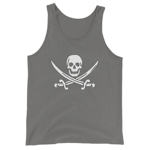 Grey unisex tank top with Jack Rackham pirate flag represented as a white skull above two crossed swords, which contributed to the popularization of pirates worldwide.