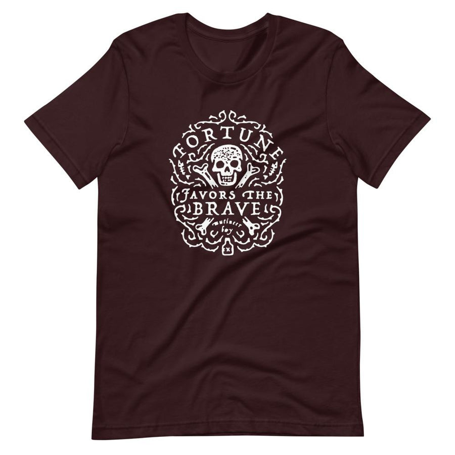 Maroon short sleeve t-shirt with centered skull and cross bones, with small additional artistic accents, surrounded in a circular pattern with "Fortune Favors the Brave". All lettering and imagining is in White.