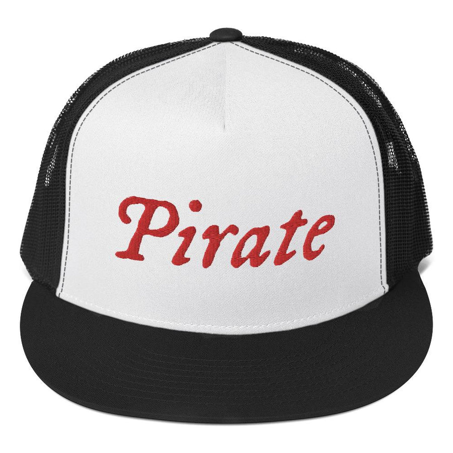 Stylish trucker cap with word "Pirate" written horizontally in IM Fell font on the front of cap. Cap brim is black, front of cap is white, sides of cap are black. All lettering is in Red.