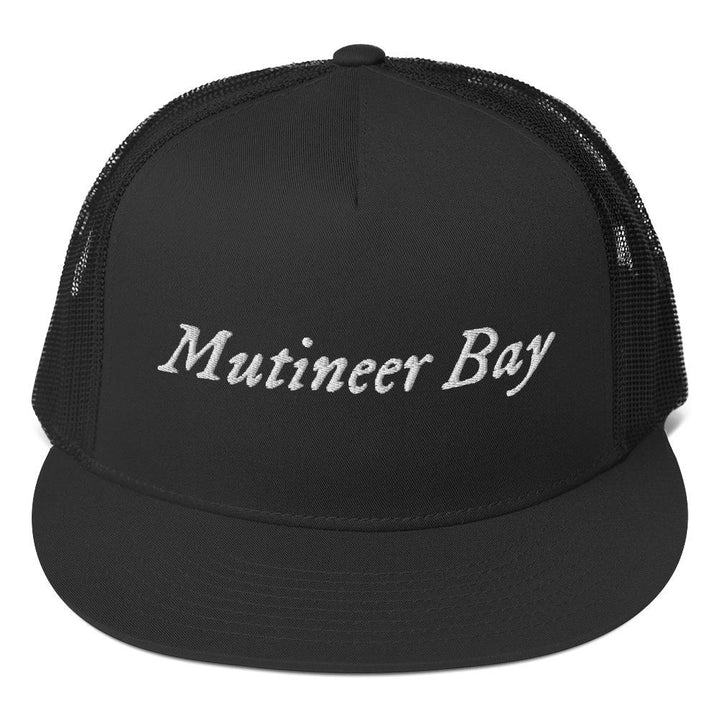 Stylish all black trucker cap with the phrase "Mutineer Bay" written horizontally in IM Fell font on the front of cap. All lettering is in White.