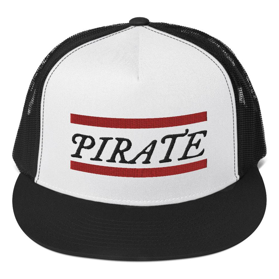 Stylish trucker cap with word "Pirate" written horizontally in IM Fell font between two crimson red bars on the front of cap. Cap brim is black, front of cap is white, sides of cap are black. All lettering is in Black.