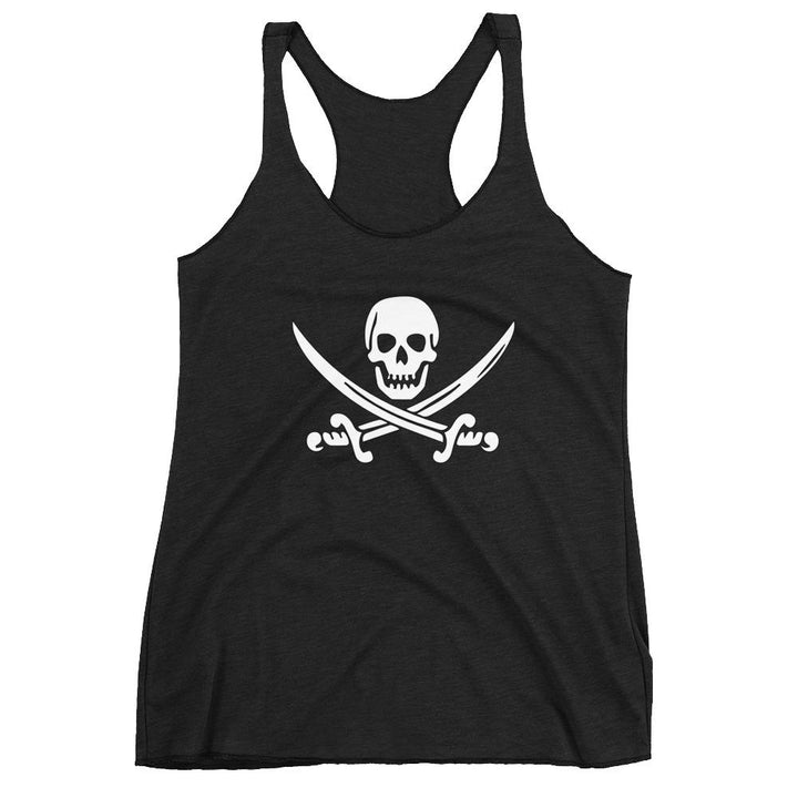 Black racerback tank top with Jack Rackham pirate flag represented as a white skull above two crossed swords, which contributed to the popularization of pirates worldwide.