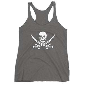 Grey racerback tank top with Jack Rackham pirate flag represented as a white skull above two crossed swords, which contributed to the popularization of pirates worldwide.