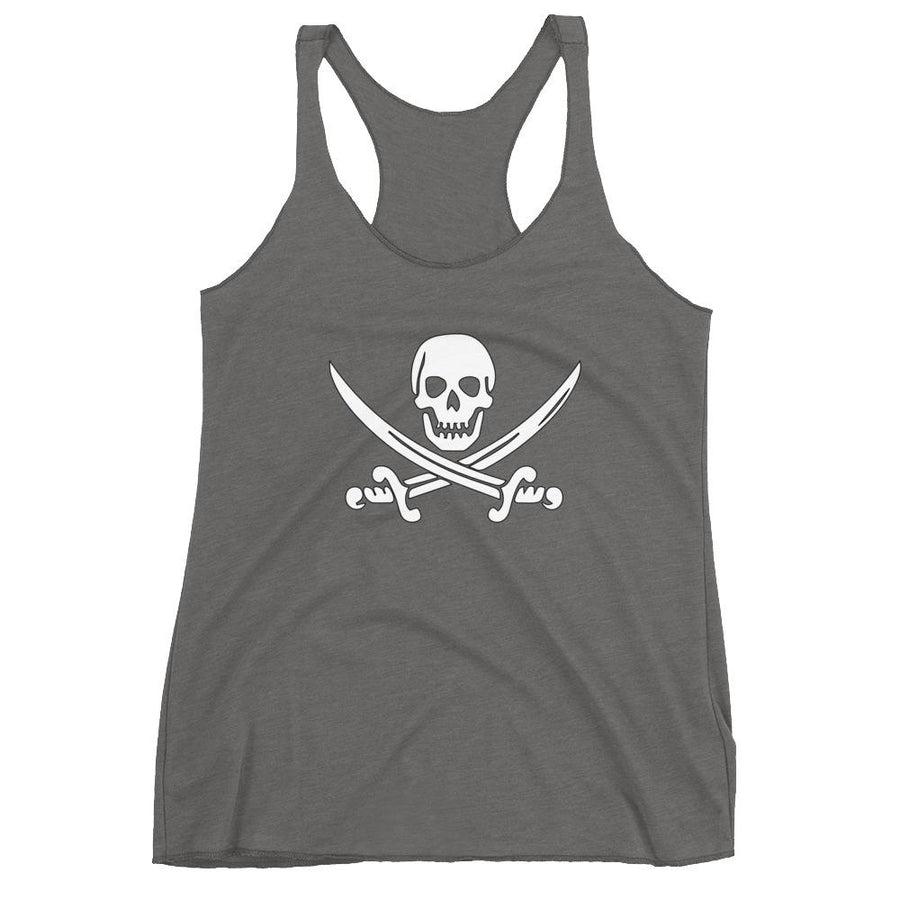 Grey racerback tank top with Jack Rackham pirate flag represented as a white skull above two crossed swords, which contributed to the popularization of pirates worldwide.