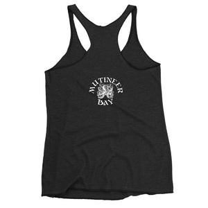 Black racerback tank top with the purported pirate flag of Blackbeard, consisting of a white horned skeleton using a spear to pierce a red bleeding heart, typically attributed to the pirate Edward Teach, better known as Blackbeard.