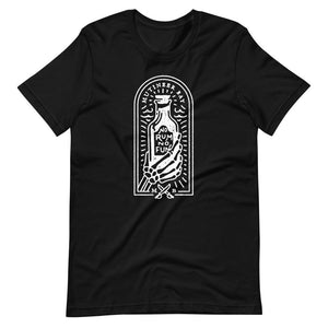Black unisex short sleeve t-shirt with image of skeleton hands holding up a rum bottle with the "No Rum, No Fun" written in the middle. In small semi circle above the bottle, "Mutineer Bay" is written. All images and lettering is in White.