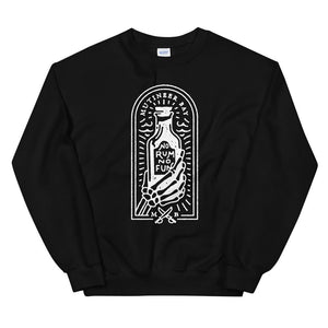 Black unisex sweatshirt with image of skeleton hands holding up a rum bottle with the "No Rum, No Fun" written in the middle. In small semi circle above the bottle, "Mutineer Bay" is written. All images and lettering is in White.