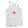 White racerback tank top depicting the red pirate flag of Stede Bonnet "The Gentleman Pirate" represented as a white skull above a horizontal long bone between a heart and a dagger