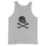 Light Grey unisex tank top with Henry Every pirate flag which depicts a black skull in profile wearing a kerchief and an earring, above a saltire of two black crossed bone