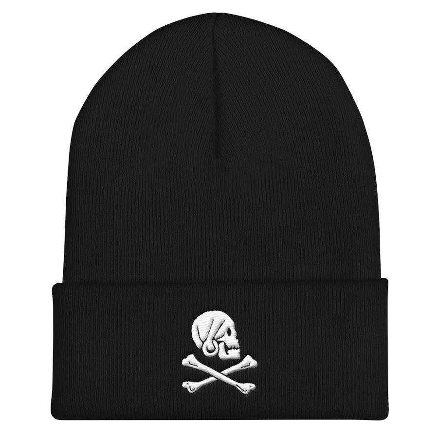 Black beanie with Henry Every pirate flag which depicts a white skull in profile wearing a kerchief and an earring, above a saltire of two white crossed bones.