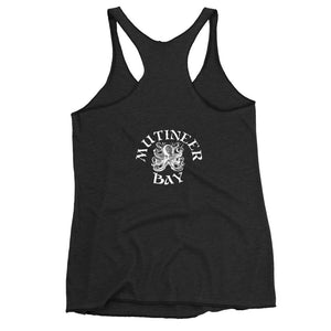Black racerback tank top with image of centered rum bottle with green palm trees surround on top by "No, Rum" and at bottom "No, Fun" in white IM Fell font.