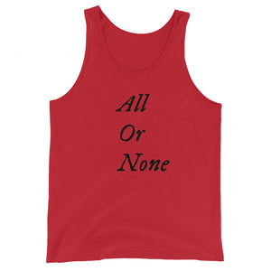 Dark red cotton Tank Top with words "All or None" written vertically down the middle of the tank top. Lettering is in black.