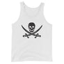 White unisex tank top with Jack Rackham pirate flag represented as a black skull above two black crossed swords, which contributed to the popularization of pirates worldwide.