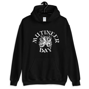 Black unisex hoodie depicting white Mutineer Bay trademarked logo on the front. On the back is Mutineer Bay's trademarked slogan "Never Be Tamed" on three horizontal rows. All lettering is in White.
