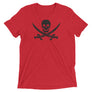 Red unisex short sleeve t-shirt with Jack Rackham pirate flag represented as a black skull above two black crossed swords, which contributed to the popularization of pirates worldwide.