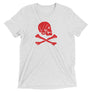 White short sleeve t-shirt with Henry Every pirate flag which depicts a red skull in profile wearing a kerchief and an earring, above a saltire of two red crossed bone