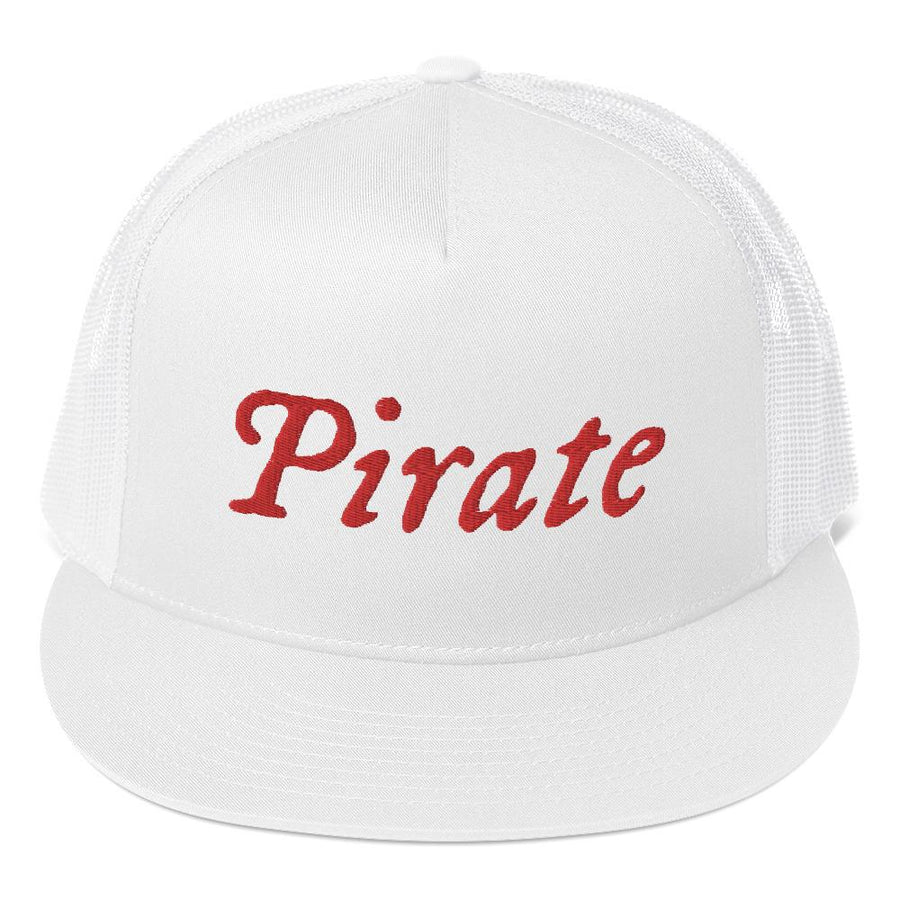 All white stylish trucker cap with word "Pirate" written horizontally in IM Fell font on the front of cap. All lettering is in Red.