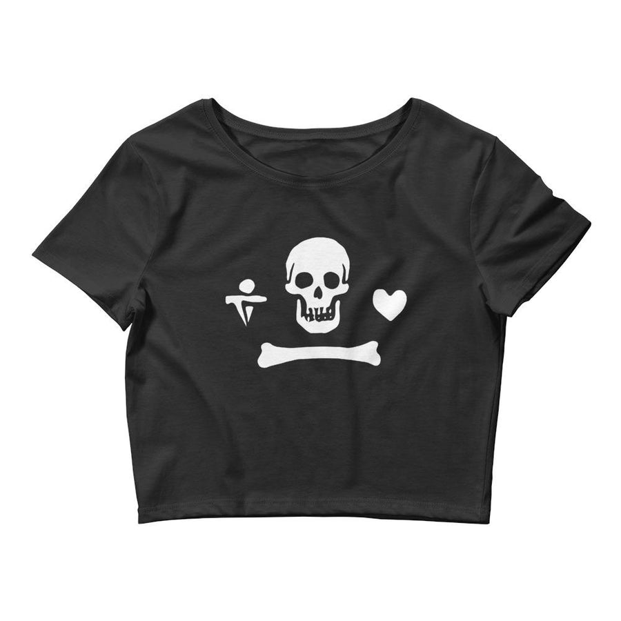 Black crop top depicting the pirate flag of Stede Bonnet "The Gentleman Pirate" represented as a white skull above a horizontal long bone between a heart and a dagger, all on a black field.