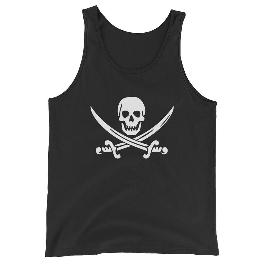 Black unisex tank top with Jack Rackham pirate flag represented as a white skull above two crossed swords, which contributed to the popularization of pirates worldwide.
