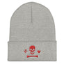 Grey beanie depicting the red pirate flag of Stede Bonnet "The Gentleman Pirate" represented as a white skull above a horizontal long bone between a heart and a dagger