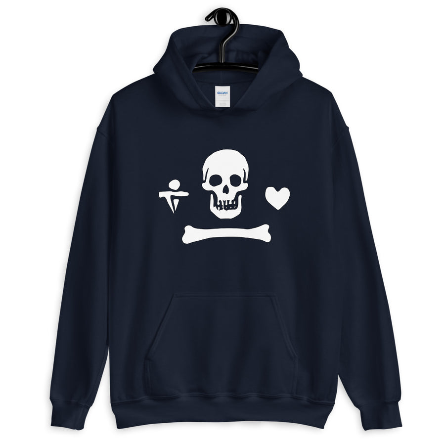 Navy Blue unisex hoodie depicting the white pirate flag of Stede Bonnet "The Gentleman Pirate" represented as a white skull above a horizontal long bone between a heart and a dagger.