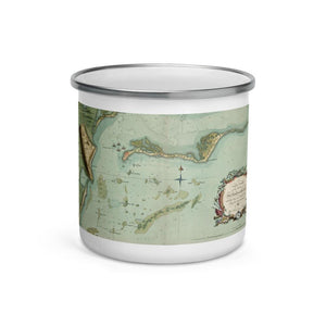Enamel Mug of Old English chart of Kingston, Jamaica from 1756. Includes historical Port Royal, the Palisadoes, and the Harbour with shoals and soundings at the time.