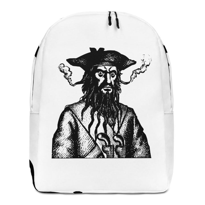 White Minimalist Backpack with a black centered image of "Blackbeard the Pirate" this was published in Defoe, Daniel; Johnson, Charles (1736 - although Angus Konstam says the image is circa 1726)