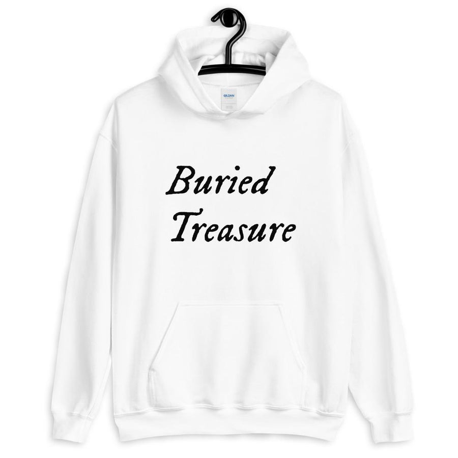 White unisex Hoodie with wording "Buried Treasure" written on two horizontal rows in IM Fell font on the front. Lettering is in Black.