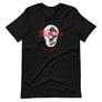 Black short sleeve t-shirt with "Pirates Honor Loyalty" written horizontally transposed over skull outline. Lettering is in red and skull is in white.