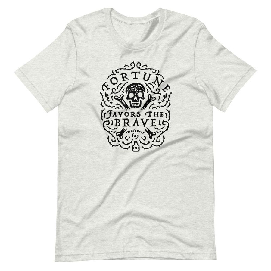 Light Grey short sleeve t-shirt with centered skull and cross bones, with small additional artistic accents, surrounded in a circular pattern with "Fortune Favors the Brave". All lettering and imagining is in Black.