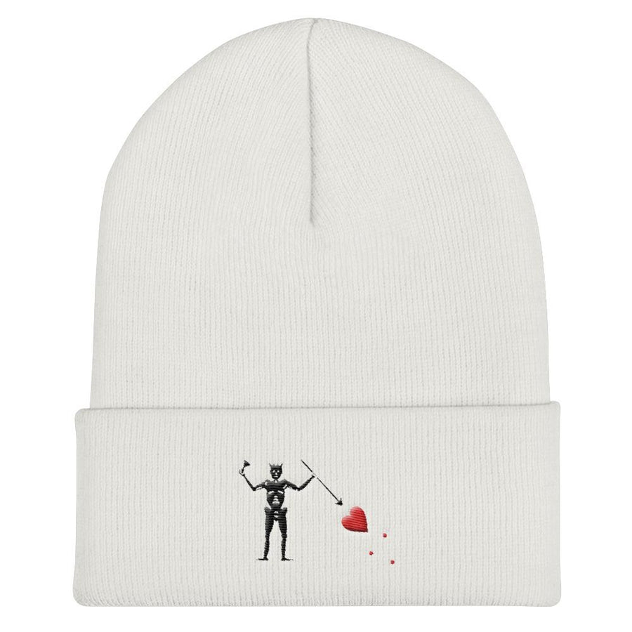 White beanie hat with the purported pirate flag of Blackbeard, consisting of a white horned skeleton using a spear to pierce a red bleeding heart, typically attributed to the pirate Edward Teach, better known as Blackbeard.
