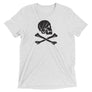White unisex short sleeve t-shirt with Henry Every pirate flag which depicts a black skull in profile wearing a kerchief and an earring, above a saltire of two black crossed bones