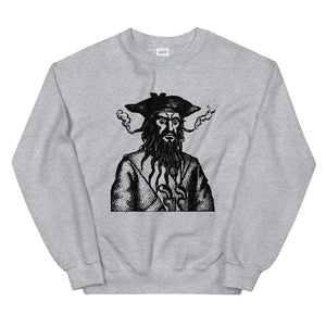 Light Grey sweatshirt with a black image of "Blackbeard the Pirate" this was published in Defoe, Daniel; Johnson, Charles (1736 - although Angus Konstam says the image is circa 1726)