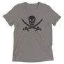 Dark Grey unisex short sleeve t-shirt with Jack Rackham pirate flag represented as a black skull above two black crossed swords, which contributed to the popularization of pirates worldwide.
