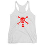 White racerback tank top depicting red pirate flag of Emanuel Wynn, famous French pirate, which is a variant of crossbones motif with an addition of an hourglass which represented that pirate prey's time is up. Edit