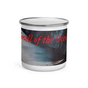 Enamel Mug with photographed image of ocean and clipped shores with "Smell of Ocean" Witten in red lettering.