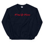 Navy Blue unisex sweatshirt with phrase "Wind & Waves" written horizontally in red IM Fell font .
