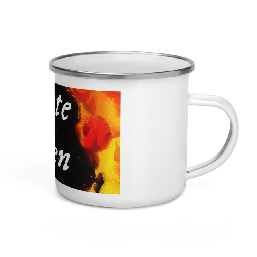 Enamel mug with "Pirate Queen" written on two horizontal rows in white IM Fell font over top of the image of fiery flames