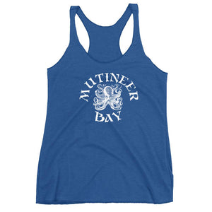 Royal Blue racerback tank top depicting white Mutineer Bay trademarked logo on the front.