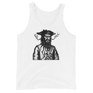 White unisex Tank Top Red sweatshirt with a black image of "Blackbeard the Pirate" this was published in Defoe, Daniel; Johnson, Charles (1736 - although Angus Konstam says the image is circa 1726)