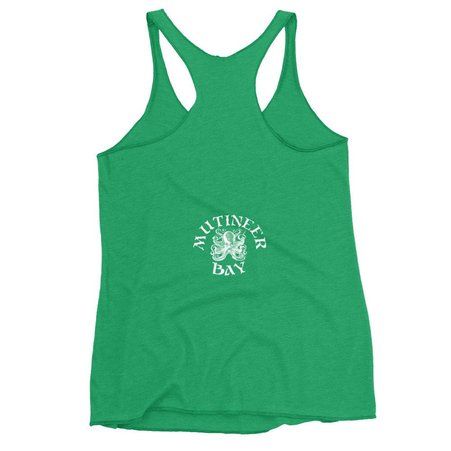 Emerald green racerback tank top with the purported pirate flag of Blackbeard, consisting of a white horned skeleton using a spear to pierce a red bleeding heart, typically attributed to the pirate Edward Teach, better known as Blackbeard.