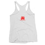 White racerback tank top depicting red pirate flag of Emanuel Wynn, famous French pirate, which is a variant of crossbones motif with an addition of an hourglass which represented that pirate prey's time is up. Edit