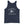 Navy Blue unisex tank top with centered artistic skull and crossbones surrounded with "Sailors Tell Stories" above and "Pirates Make Legends" below in white IM Fell font.
