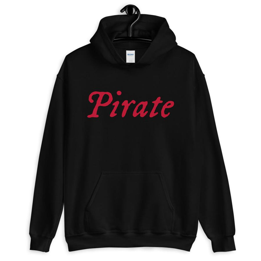 Black unisex Hoodie with word "Pirate" written horizontally in IM Fell font on the front and back of the hoodie. Lettering is in Red.