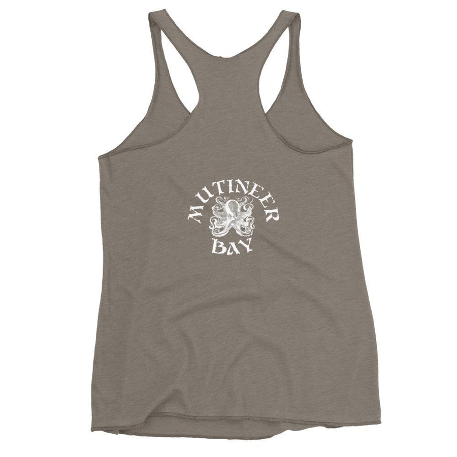 Ash colored racerback tank top with image of centered rum bottle with green palm trees surround on top by "No, Rum" and at bottom "No, Fun" in white IM Fell font.