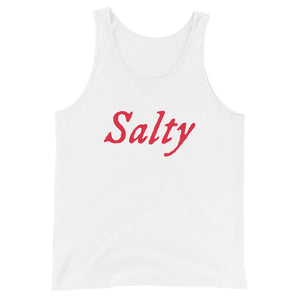 White unisex tank top with wording "Salty" written on one horizontal row in IM Fell font on the front. Lettering is in Red.