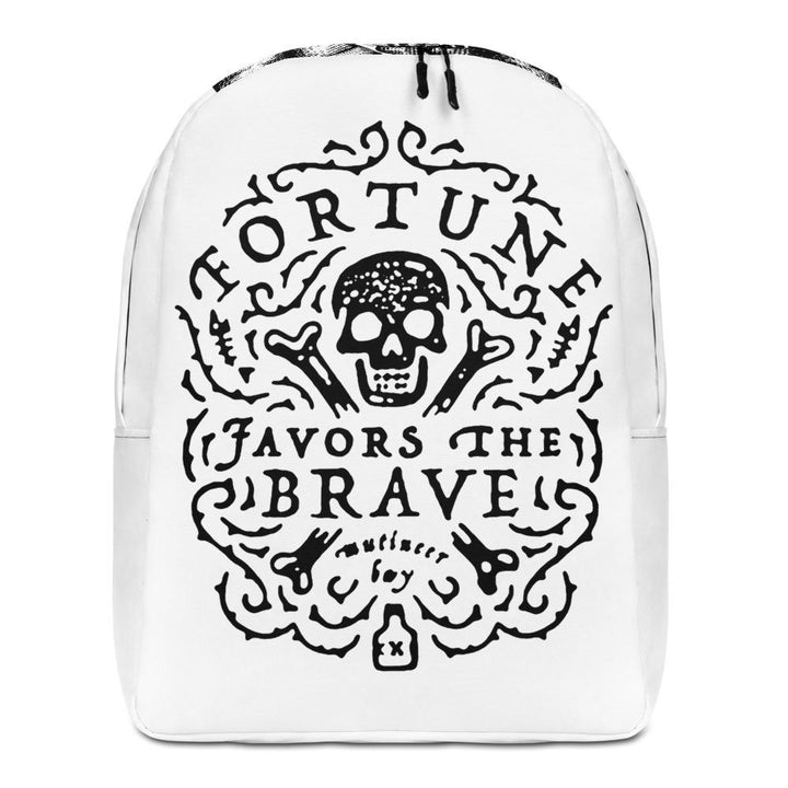 Minimalist backpack with centered skull and cross bones, with small additional artistic accents, surrounded in a circular pattern with "Fortune Favors the Brave". All lettering and imagining is in Black.