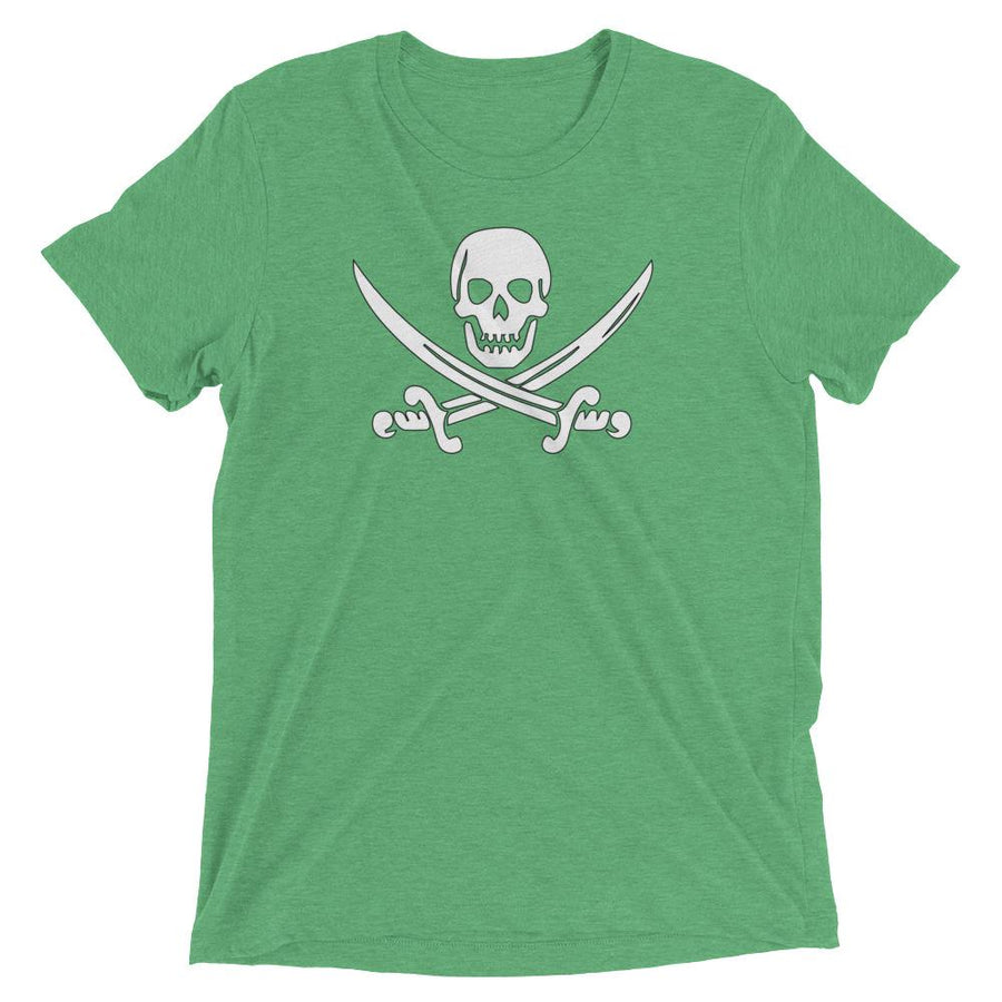 Green t-shirt with Jack Rackham pirate flag represented as a white skull above two crossed swords, which contributed to the popularization of pirates worldwide.