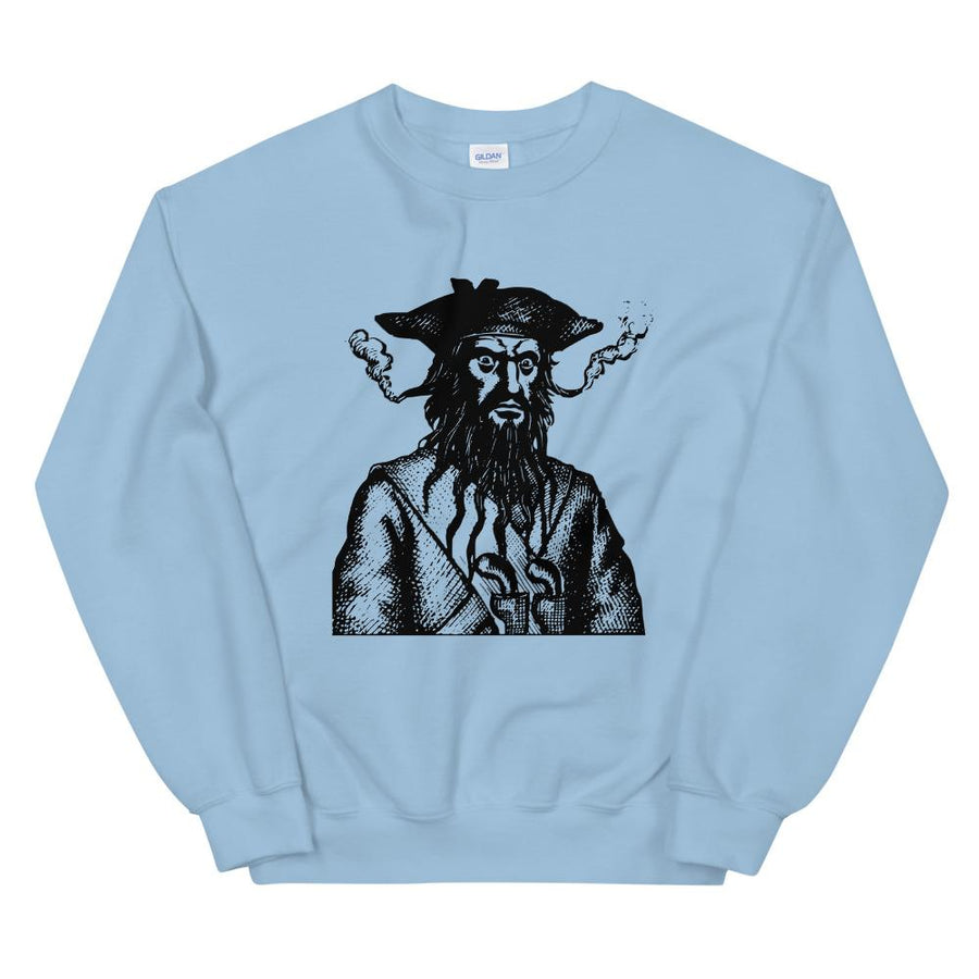 Light Blue sweatshirt with a black image of "Blackbeard the Pirate" this was published in Defoe, Daniel; Johnson, Charles (1736 - although Angus Konstam says the image is circa 1726)